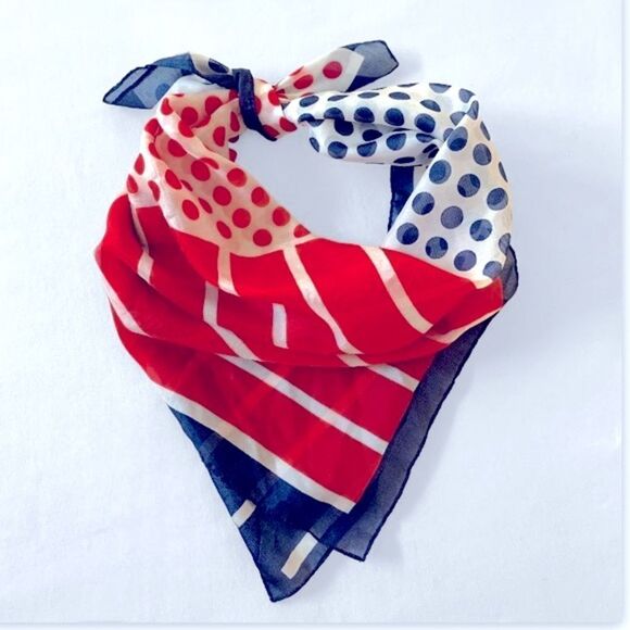 Vintage Red White Blue Polka Dot Stripes Scarf - Picture 3 of 4